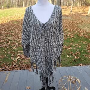 Torrid Black & White Marled Poncho with Fringe One Size